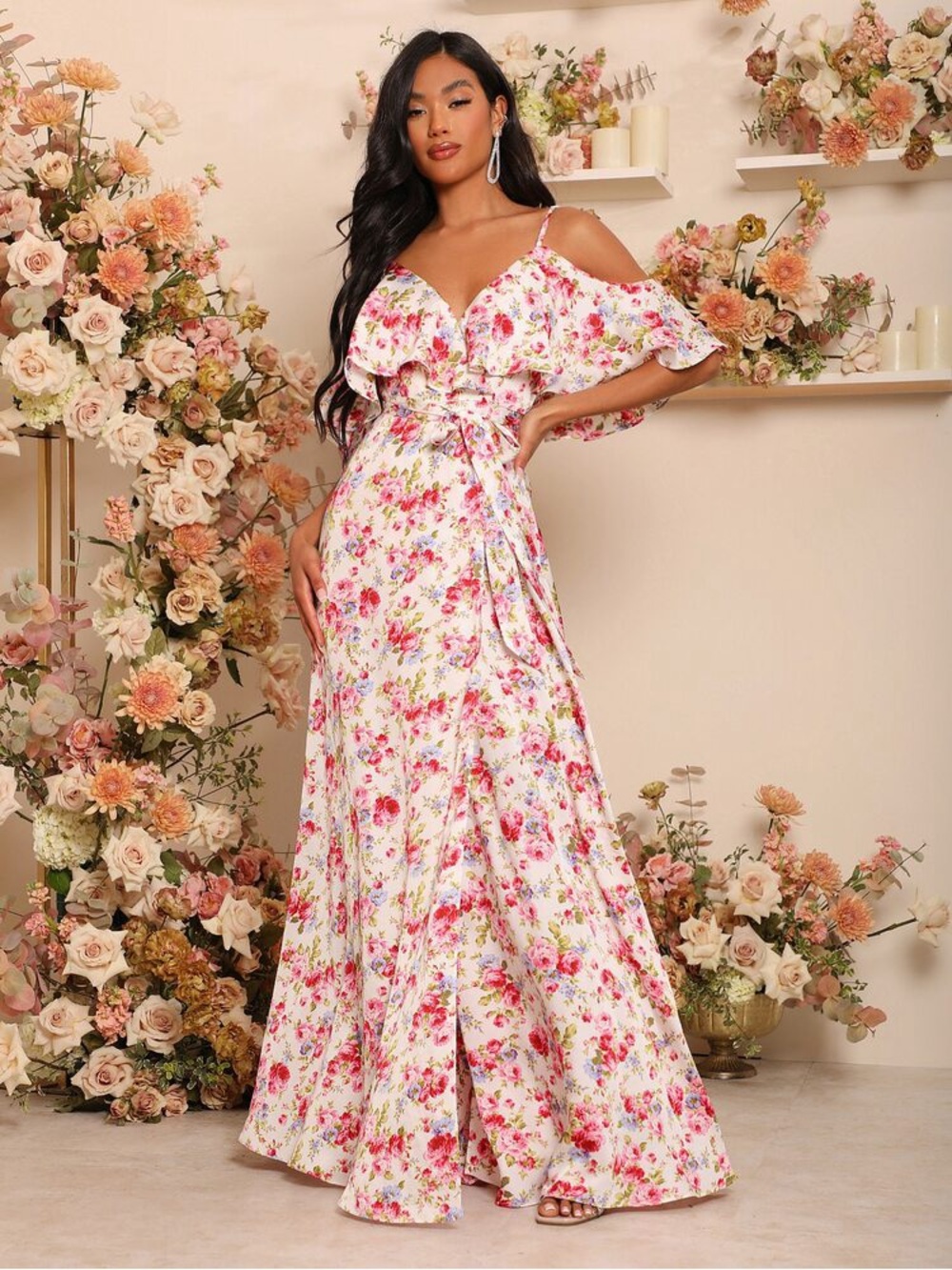Floral Off-Shoulder Maxi Dress in White and Pink